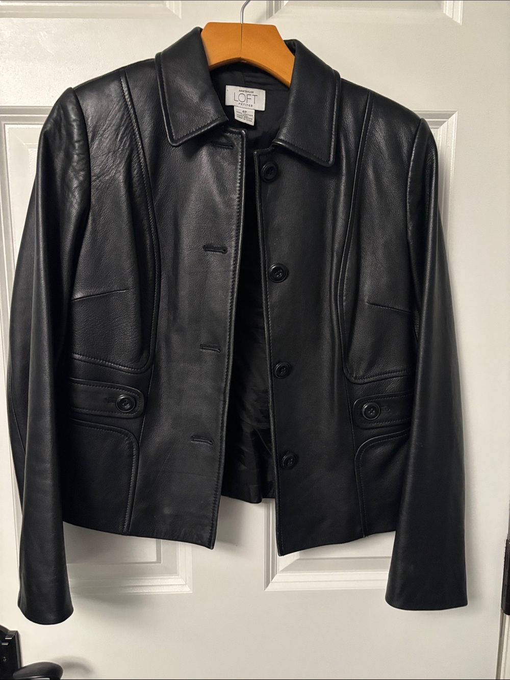 Ann Taylor Black 100% Leather Button-Front Jacket. Size 4P